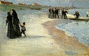 Peter Severin Kroyer en hvid bad i strandkanten, lys sommeraften Sweden oil painting artist